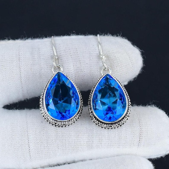 Handmade 925 Sterling Silver Swiss Blue Topaz Drop Earrings