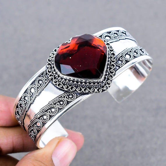 Red Garnet Heart Bangle: 925 Sterling Silver Boho Cuff