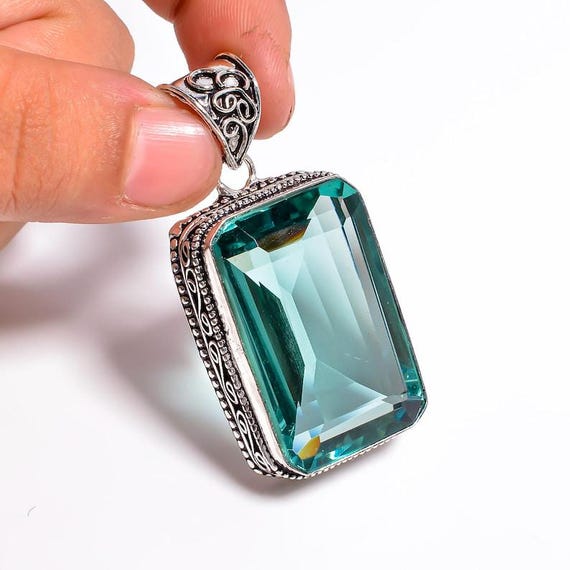 Aqua Blue Crystal Pendant Necklace • Vintage Boho Silver Statement Jewelry • Healing Gemstone Gift for Women • Handmade Rectangular Pendant"