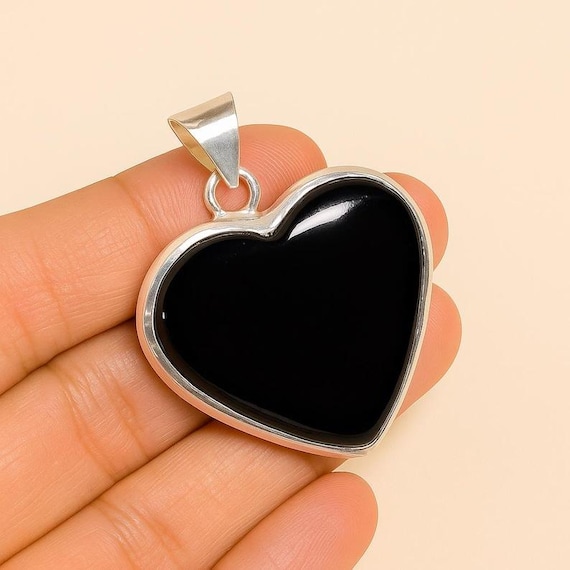 Handmade Black Onyx Heart Pendant: Sterling Silver Boho Necklace
