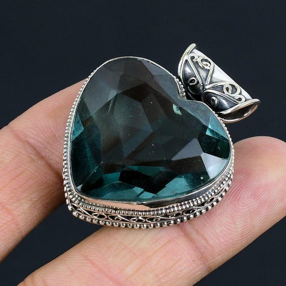 Aquamarine Heart Pendant: Antique Sterling Silver Boho Healing Jewelry