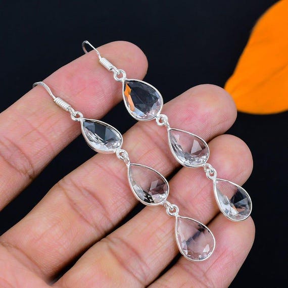 Handmade Sterling Silver White Topaz Drop Earrings: Boho Hippie Jewelry