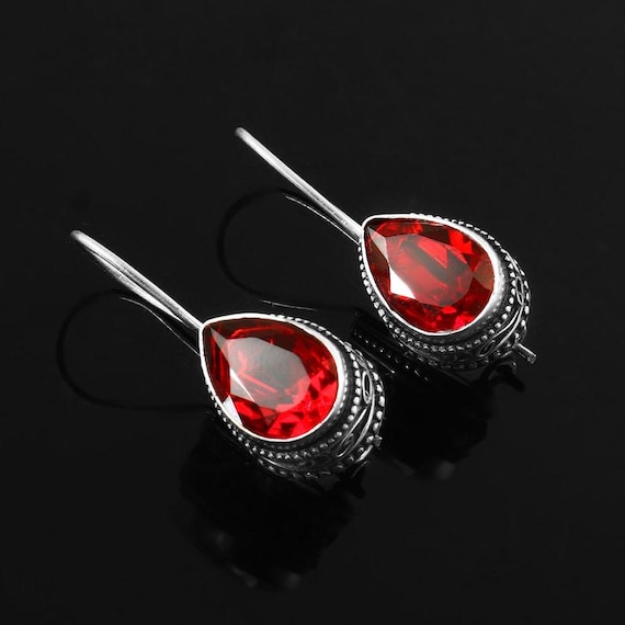 Teardrop Red Garnet Dangle Earrings: 925 Sterling Silver Ear Wire