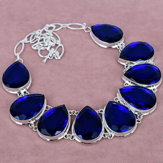 Blue Sapphire Necklace: Pear-Shaped Gem, Sterling Silver, Adjustable