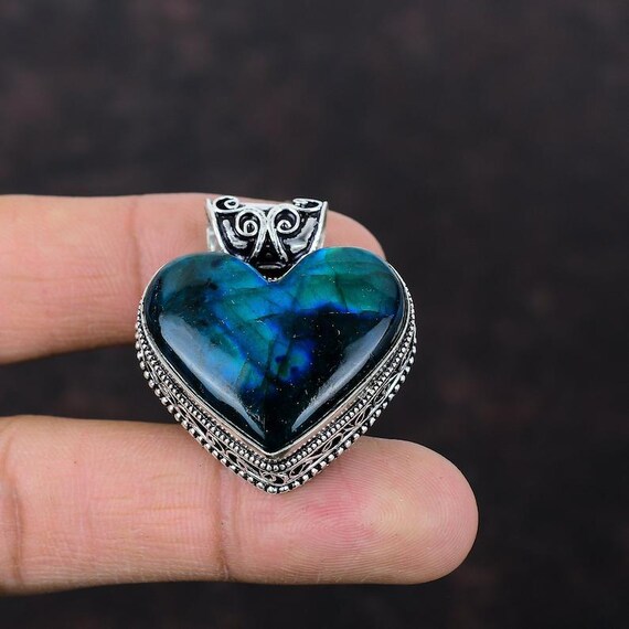 Neon Flash Labradorite Heart Pendant: Sterling Silver Boho Jewelry