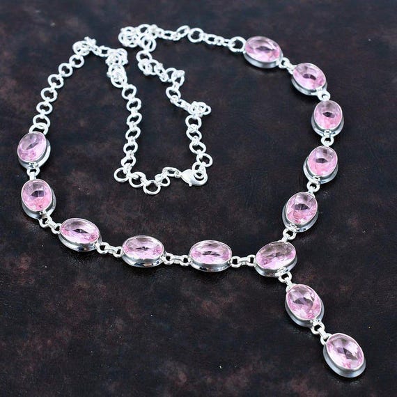Faceted Pink Kunzite Necklace: 925 Sterling Silver, Adjustable Chain