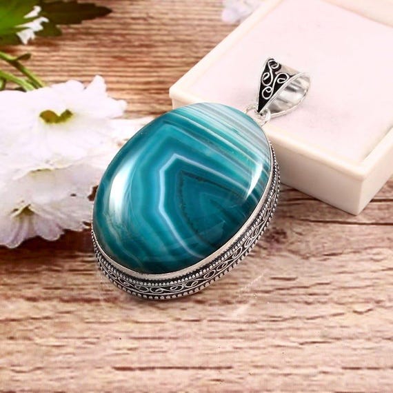 Green Banded Agate Sterling Silver Pendant - Boho Healing Jewelry