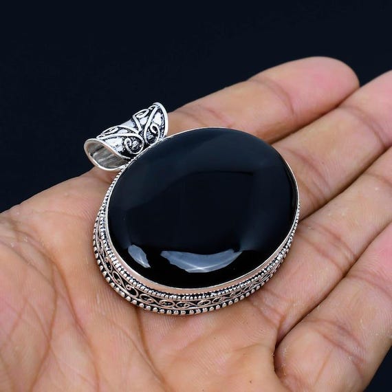 Oval Black Onyx Pendant: Sterling Silver Boho Healing Jewelry