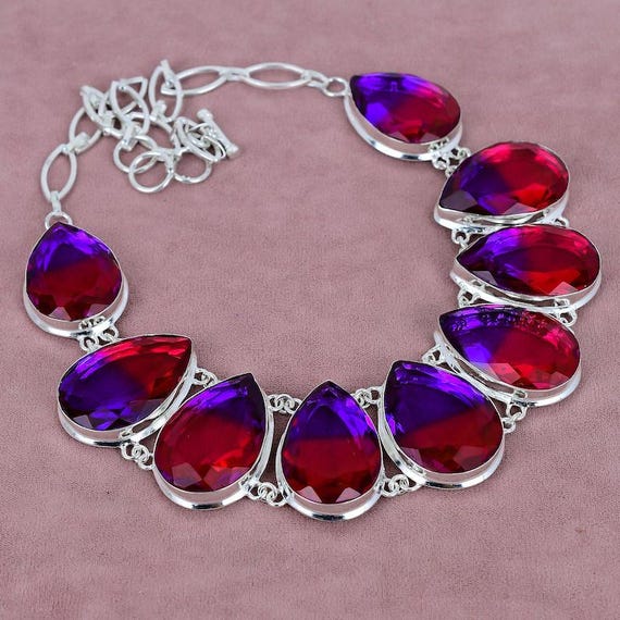 Multi Tourmaline Pear Stone Necklace: 925 Sterling Silver, Bohemian Bridal Jewelry