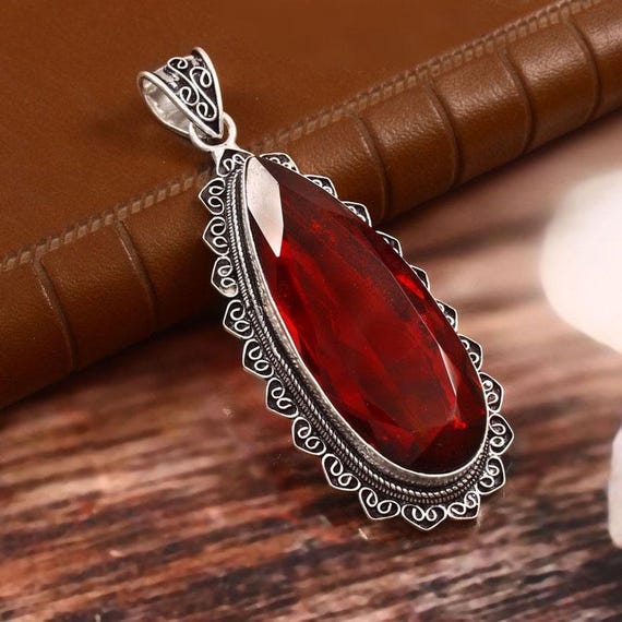 Handmade Pear Garnet 925 Sterling Silver Pendant - Boho Healing Jewelry