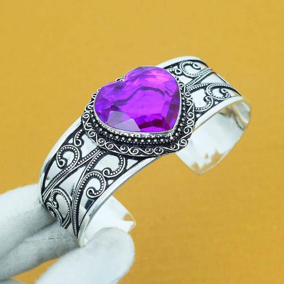 Pink Tourmaline Heart Bangle, Sterling Silver Cuff Bracelet, Boho Jewelry