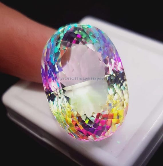 Oval Mystic Topaz Gemstone: Rainbow Faceted Loose Stone, 30 Carat