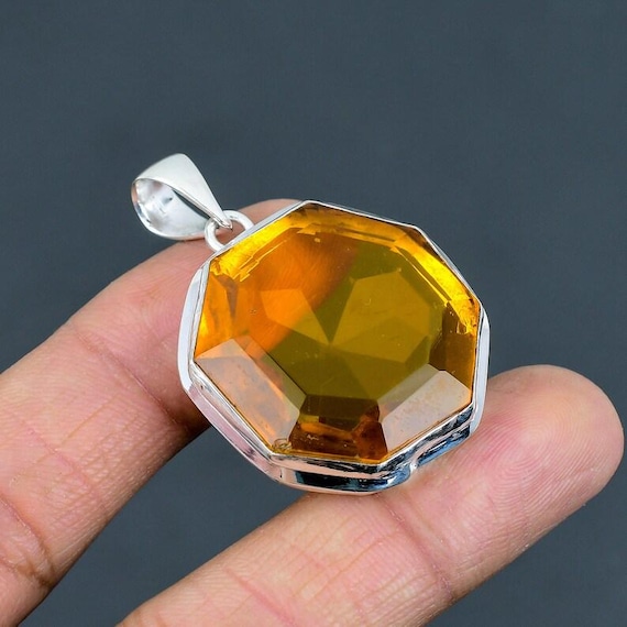 Handmade Octagon Citrine Pendant: Sterling Silver Boho Jewelry