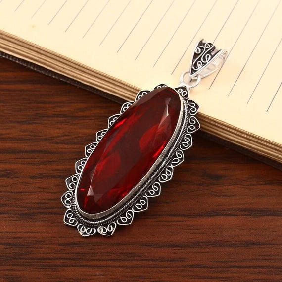 Handmade Lab-Created Garnet Sterling Silver Pendant: Boho Healing Jewelry