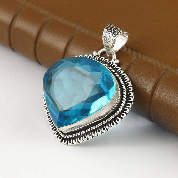 Handmade Swiss Blue Topaz Pendant: 925 Sterling Silver Boho Jewelry