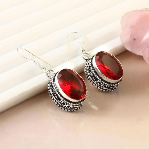 Boho Red Garnet Sterling Silver Dangle Earrings: Vintage Style