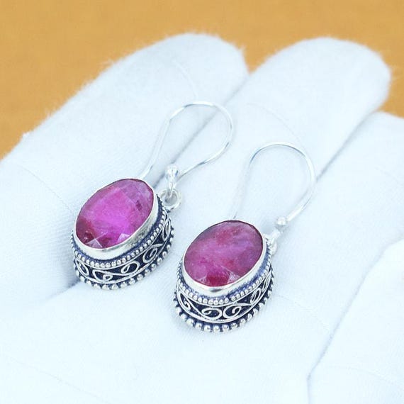 Handmade Kashmir Ruby 925 Sterling Silver Bohemian Earrings