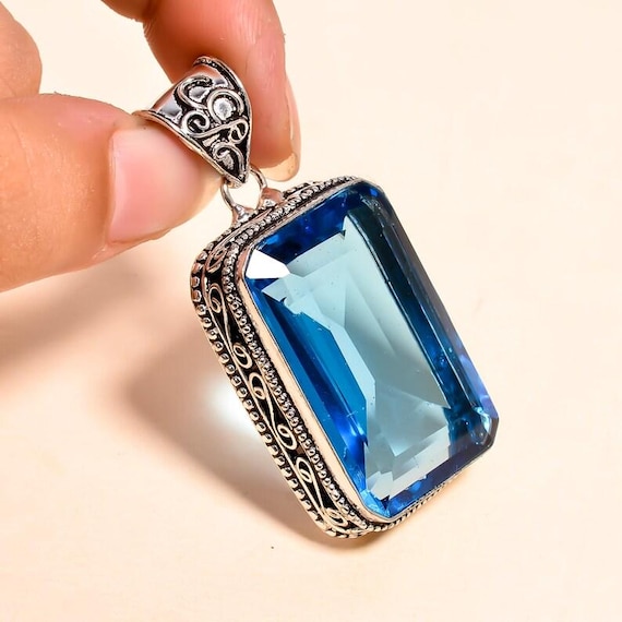 Blue Topaz Pendant Necklace | Handmade Silver Gemstone Jewelry | Unique Boho Crystal Pendant | Gift for Her | Statement Necklace"