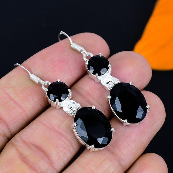 Black Onyx Dangle Earrings: 925 Sterling Silver, Antique Boho Style