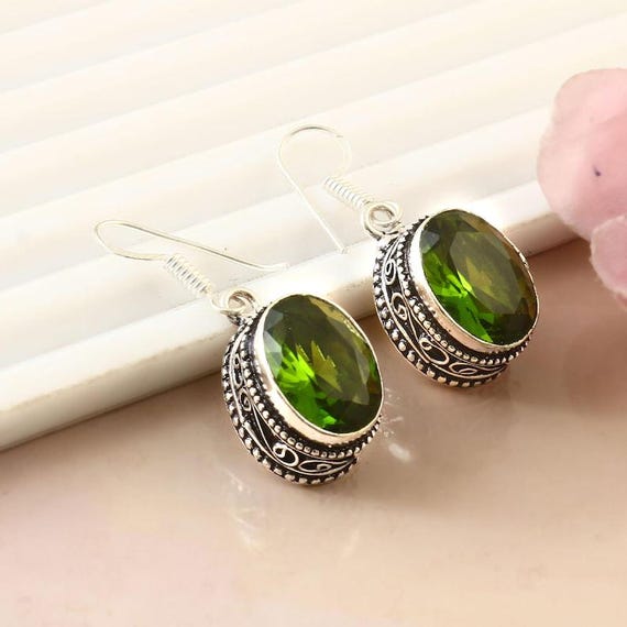 Peridot Quartz Sterling Silver Dangle Earrings: Vintage Boho Style