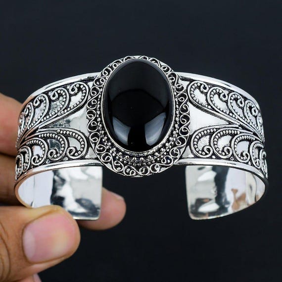 Black Onyx Bangle, 925 Sterling Silver Cuff, Bohemian Handmade Jewelry