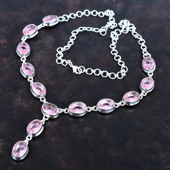 Faceted Pink Kunzite Necklace: 925 Sterling Silver, Adjustable Chain