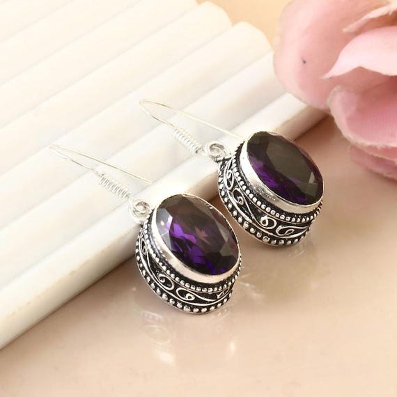 Amethyst Quartz Sterling Silver Dangle Earrings: Vintage Boho Jewelry, Purple Amethyst Earring