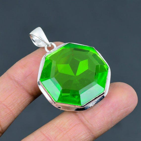 Handmade Sterling Silver Green Amethyst Pendant: Boho Octagon Gemstone