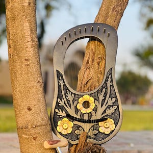 Rosewood Black Lyre Harp 10 Strings Three Golden Flower Design Lyre Harp With Free Strings Bag and Tuning Key