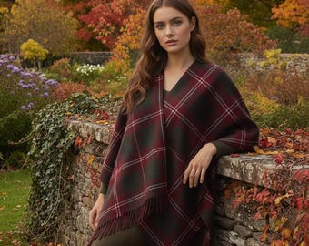Ladies Scottish Wool Tartan Ruana Vintage Handmade Extra Warm Cape Shawl Highlander Winter Ruana With Fringes Available in 50+ Tartans