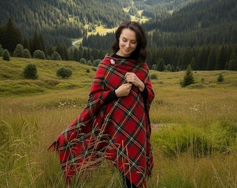 Woman's Scottish Tartan Ruana Handmade Plaid Wool Wrap Highland Celtic Cape Poncho Winter Shawl No Brooch With Frings Offered in 50+ Tartans