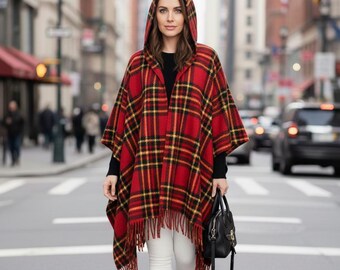 Highland Hoodie Ruana Tartan Shawl Plaid Cape Ladies Wrap With Fringe Highlander Women Tartan hooded poncho 72" X 54" In 50+ Tartans