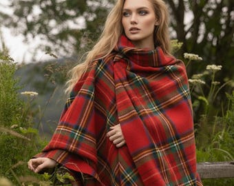 Women's Scottish Tartan Wool Ruana Handmade Vintage Cape Shawl Extra Warm Highlander Winter Shawl With Fringes Available in 50+ Tartans