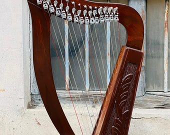 以下が含まれることがあります： さまざまな色の弦を持つ、マホガニー色のハープ。楽器は響板に彫刻が施され、上部にチューニングペグが付いています。ハープは風化した背景に置かれています。