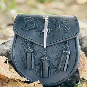 Scottish Black Leather Sporran  Handmade Pin Lock Sporran For Man&#39;s