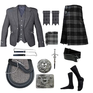 May include: A complete Scottish kilt outfit, including a gray tweed jacket, vest, and kilt in a black and gray plaid pattern. Accessories include a sporran, belt, hose, and a decorative sword. The outfit is designed for formal occasions.