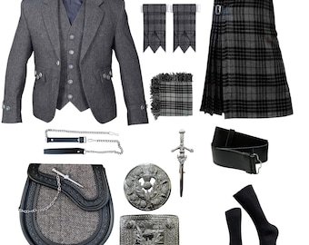 10-delige Schotse kilt-outfitset, handgemaakt tweedjack met gilet en accessoires, verkrijgbaar in 50+ tartan