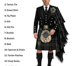 Scottish Wedding 13 Pcs Prince Charlie Jacket Kilt Outfit Traditional Highland Men's Kilt Outfit Set Available In 50+ Tartans