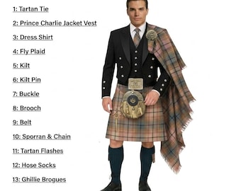 Traje de kilt Prince Charlie escocés para hombre, hecho a mano: Thistle Weddings. Conjunto de kilt de 13 piezas disponible en más de 50 tartanes.