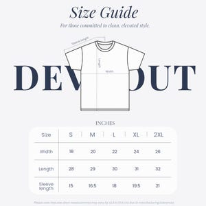 May include: A size guide for a t-shirt, with measurements in inches. The guide includes width, length, and sleeve length for sizes S to 2XL. The text "Size Guide" and "For those committed to clean, elevated style" are at the top.