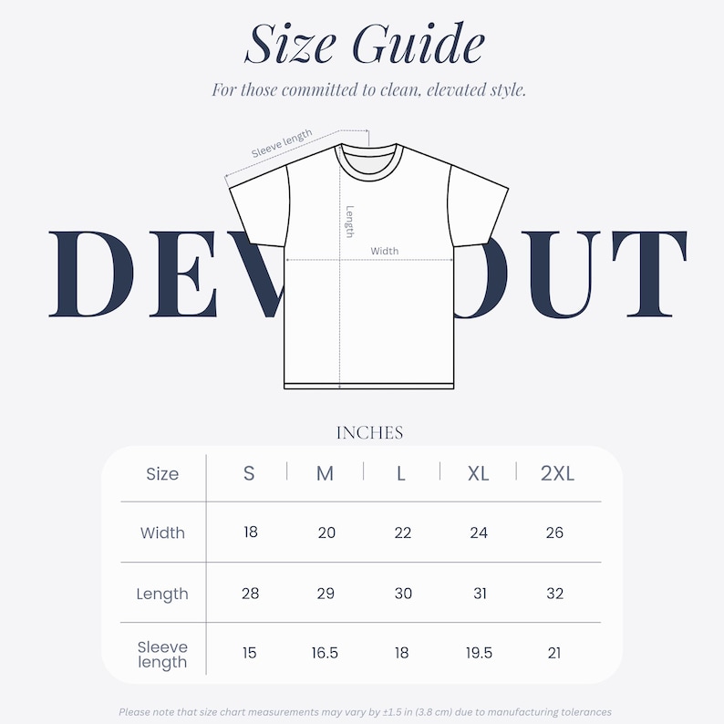 May include: A size guide for a t-shirt, with measurements in inches. The guide includes width, length, and sleeve length for sizes S to 2XL. The text "Size Guide" and "For those committed to clean, elevated style" are at the top.