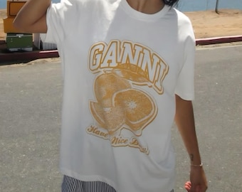 Camiseta Ganni Lemons, camiseta de estilo veraniego, camiseta unisex de algodón grueso, top con estampado cítrico, camiseta con estampado de limón.