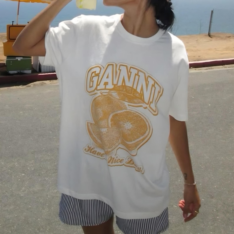 Ganni Lemons T-Shirt, Summer Aesthetic Tee, Unisex Heavy Cotton Shirt, Citrus Print Top, Lemon Graphic Tee image 1