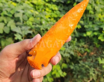Orange Calcite Crystal Arrowhead- Hand Knapped Knife - Crafted Gift - Healing Decor