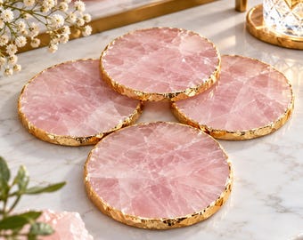 Rose Quartz Coasters with Gold Electroplated Edges, Natural Stone Drink Coasters, Personalized Gift