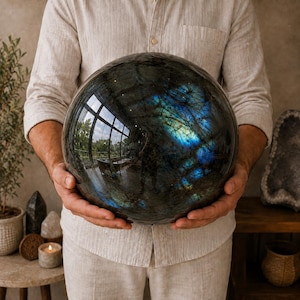 Puede incluir: Una gran esfera de labradorita pulida con una base gris oscura y destellos iridiscentes azules y dorados. La superficie lisa y reflectante muestra un efecto de labradorescencia distintivo, con reflejos de luz azul profunda en la piedra.