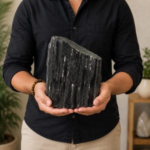 Puede incluir: Un gran espécimen de cristal de turmalina negra en bruto con una estructura estriada en forma de columna. El mineral presenta un color negro profundo con una textura natural rugosa y ranuras verticales a lo largo de su longitud, mostrando un borde superior dentado.
