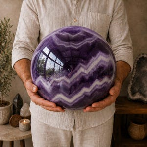 Peut inclure: Une grande sphère en cristal d'améthyste polie présentant des bandes alternées distinctes de violet profond et de blanc dans un motif en chevron. La surface lisse et réfléchissante de la pierre montre le reflet clair d'une pièce vitrée.