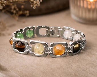 Silver Metal Dhan Yog Bracelet with Green Aventurine Tiger Eye Citrine Pyrite Clear Quartz