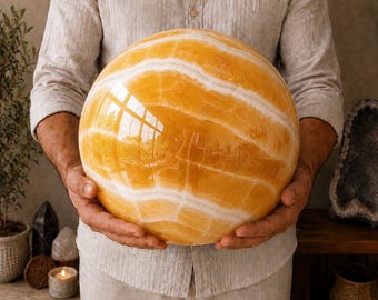 Large Orange Calcite Sphere, Natural Polished Crystal Ball, Custom Size 1kg–50kg